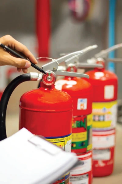 a row of fire extinguishers